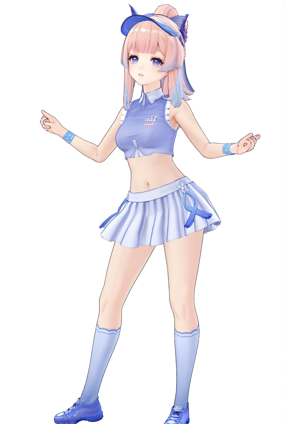 8k,best quality,masterpiece,(ultra-detailed),(high detailed skin),(by nanoless, by misumi \(macaroni\),:0.5),A full-body portrait of a young girl,standing gracefully,pastel art style,high-key lighting,shoujo manga influence,hd quality,delicate details,full body,full shot,standing,looking at viewer,(solo:1.2),simple background,(white background:1.2),<lora:xinhai_new-sd-Tanger-000018:0.8>,Sangonomiya Kokomi  /\(maidong/\),clothes: maidong sportswear,maidong sun visor,1girl,sangonomiya kokomi,navel,socks,midriff,skirt,sidelocks,pink hair,bangs,cheerleader,kneehighs,alternate costume,pleated skirt,sneakers,