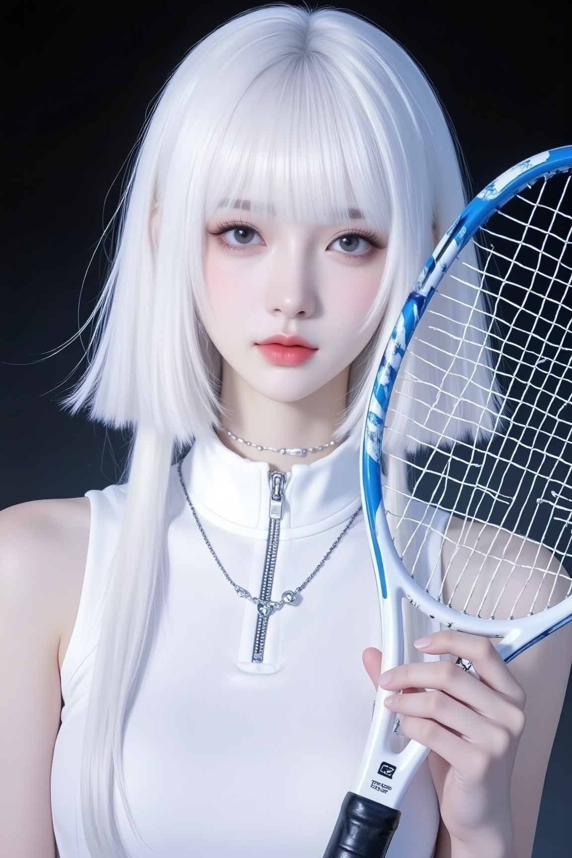 <lora:YY-拽姐F.1:1>,This is a highly detailed, digital illustration in a vibrant, anime-inspired style. The subject is a young woman with a fair complexion and shoulder-length, straight platinum blonde hair with bangs framing her face. She has delicate, almond-shaped eyes with long, thick eyelashes and a slight, serene expression. Her lips are full and slightly parted, with a subtle pink hue. She is holding a tennis racket with a blue and white frame, which she holds in front of her face, obscuring part of her view. Her attire consists of a white, sleeveless top with a high collar and a zipper detail, giving a sporty yet stylish look. She wears a silver choker necklace with a small pendant, and small, silver hoop earrings. The background is a dark, almost black, gradient, which contrasts sharply with the vivid colors of her hair and the tennis racket. The illustration's overall aesthetic is clean and modern, with a focus on realism and attention to detail. The artwork is highly polished and detailed, with a strong emphasis on the subject's facial expressions and the texture of her hair and clothing.