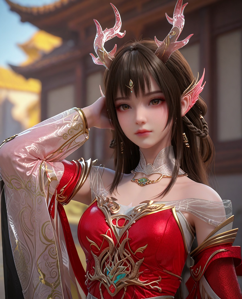 (oriental architecture, elegant decor, sophisticated style:1.1),(adjusting hair:1.1),(breasts:1.2),<lora:XL百炼成神龙宫云落:0.95>,miss yunluo,brown hair,ong hair,red dress,hair ornament,jewelry,bare shoulders,braid,antlers,brown eyes,earrings,detached sleeves,pointy ears,detached collar,, zPDXL2, score_9, score_8_up, score_7_up BREAK realistic, masterpiece,best quality, highly detailed,, zPDXL3, zPDXL2,zPDXL, zPDXLxxx, zPDXLrl,