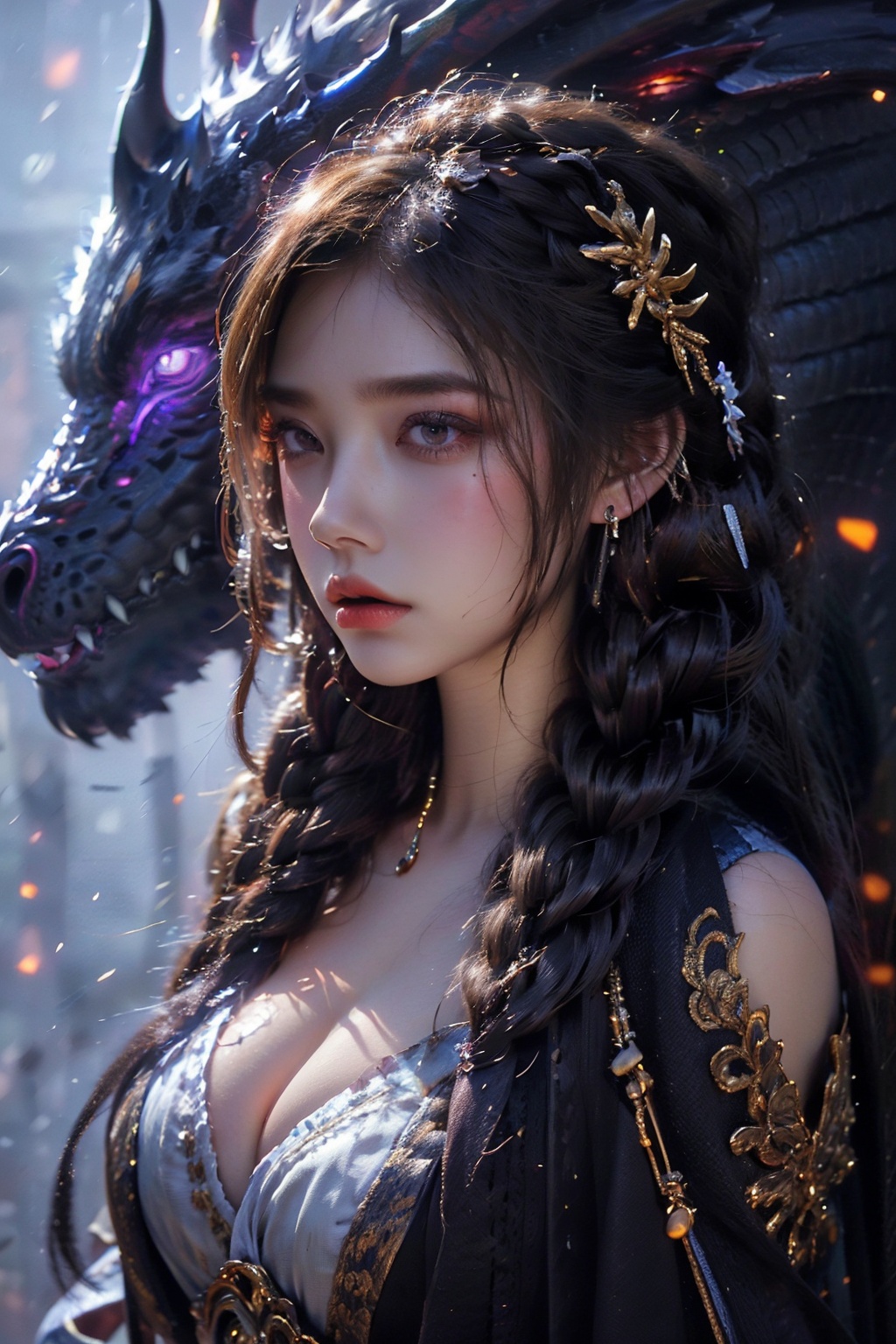 <lora:zishan-000008:0.8>,zishan,1girl,long hair,looking at viewer,black hair,cleavage,medium breasts,purple eyes,upper body,earrings,eastern dragon,multiple braidsle_braids,, (high quality), best quality, (4k), 8k, super detailed, (full detail), (masterpiece), (realistic), super detailed,(Exquisite details) ,intricate,