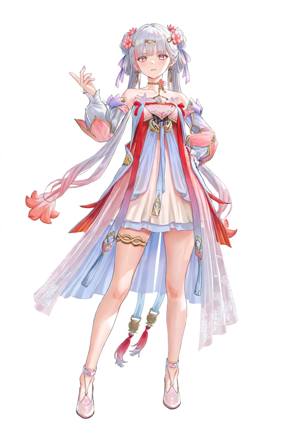 8k,best quality,masterpiece,(ultra-detailed),(high detailed skin),((artist:reoen),(artist:fuzichoco),(artist:atdan),(artist:torino_aqua),year 2024:0.8)1girl,[artist:wlop],[artist:ningen_mame],artist:ciloranko,[[artist:rhasta]],artist:tidsean,colorful,detailed light,light leaks,sunlight,bokeh,blurry foreground,ray tracing,lens flare,cinematic lighting,full body,full shot,standing,looking at viewer,(solo:1.2),simple background,(white background:1.2),hand on own hip,(white background:1.1),<lora:jxnew-IL-Tanger-000014:0.8>,jinhsi,jinhsi \(peach blossom\) \(wuthering waves\),(clothes:peach blossom pink dress,alternate costume,bare shoulders:1.2),flower-shaped pupils,1girl,hair ornament,hair flower,twintails,bangs,jewelry,very long hair,A full-body portrait of a young girl,standing gracefully,pastel art style,high-key lighting,shoujo manga influence,hd quality,delicate details,