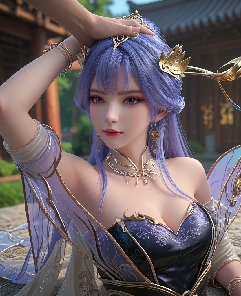 (oriental architecture, elegant decor, sophisticated style:1.1),(lying against the ground, hand on head:1.1),(breasts:1.2),<lora:XL百炼成神天穹:0.9>,miss tianqiong,jewelry,long hair,hair ornament,bangs,blue hair,dress,earrings,bare shoulders,purple eyeshadow,blue eyes,bracelet,cleavage,boots,detached collar,, zPDXL2, score_9, score_8_up, score_7_up BREAK realistic, masterpiece,best quality, highly detailed,, zPDXL3, zPDXL2,zPDXL, zPDXLxxx, zPDXLrl,