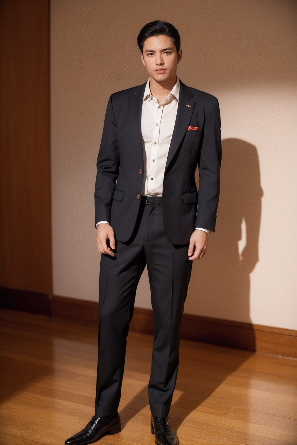 (1man:1.4),(male:1.2),(full body:1.2),(Collared shirt and blazer and suit trousers:1.4),<lora:Male_2:0.8>,