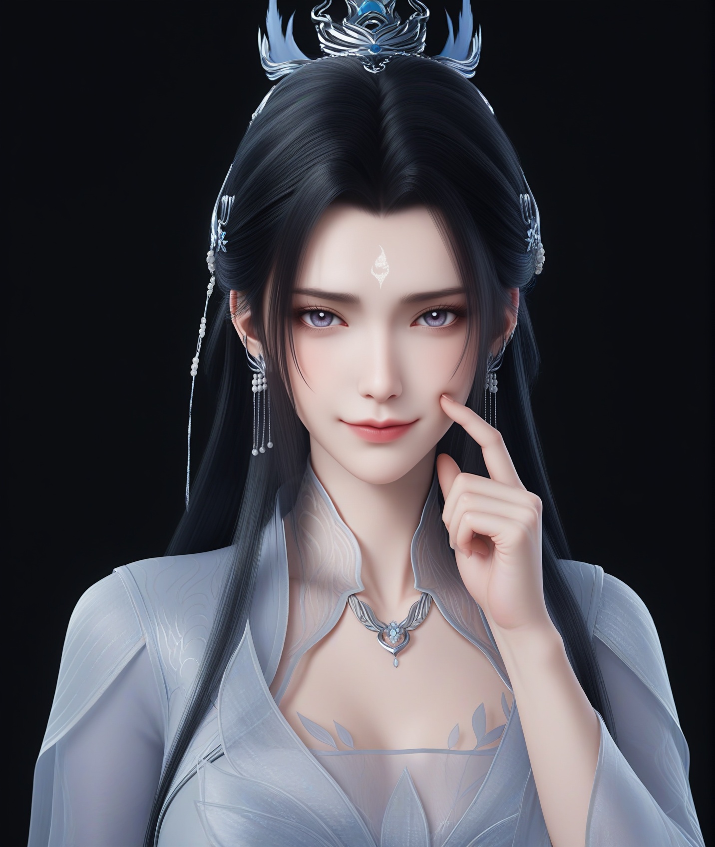 masterpiece,best quality,absurdres,highres,mature female,solo,<lora:新-陆雪琪-ill-000008:0.85>,luxueqi,long hair,black hair,hair ornament,jewelry,earrings,forehead mark,hair bun,hair ribbon,grey_eyes,purple_pupils,BREAKcollarbone,sheer overlay,necklace,dress,belt,cleavage,see-through cleavage,looking at viewer,front view,light blush,light smile,(fingersmile:1.1),BREAKsimple background,black background,