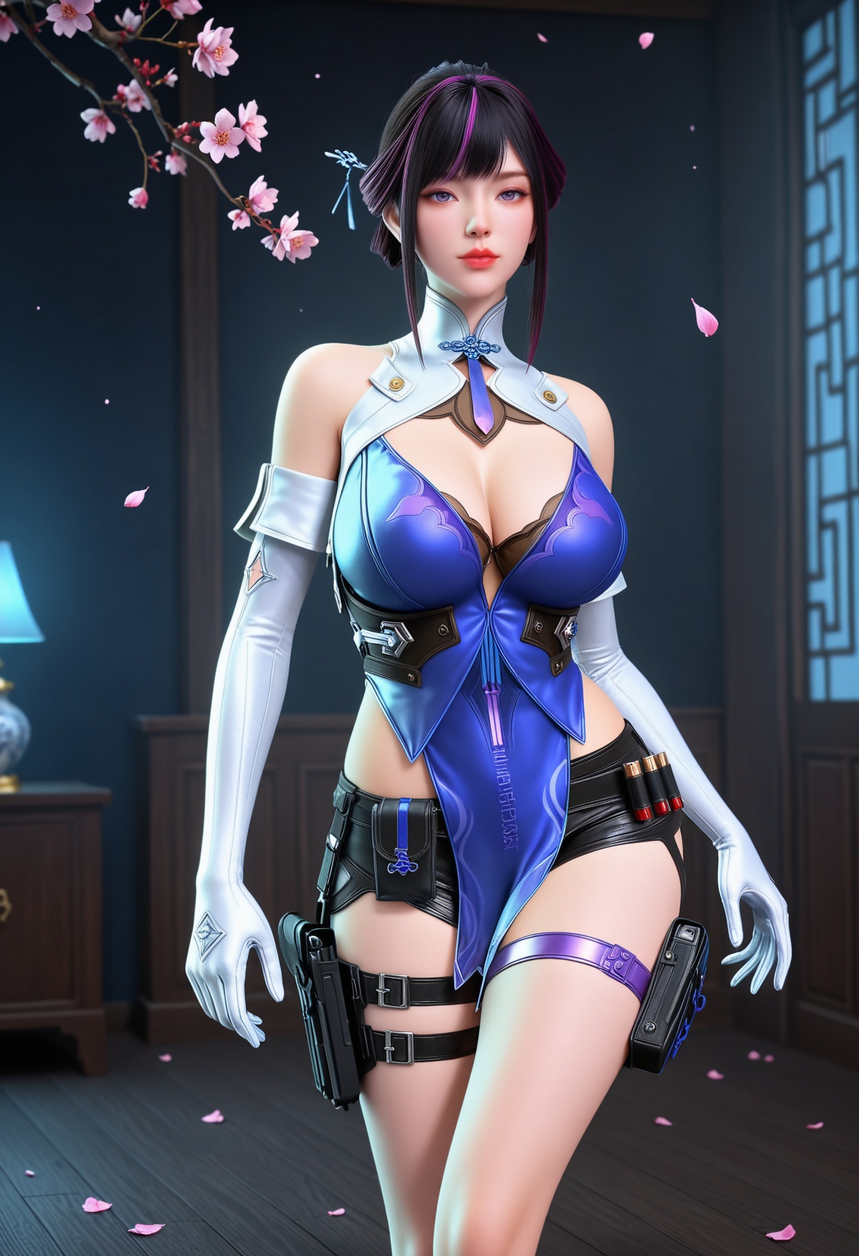 (full_body:1.2),(gigantic breasts:0.8),(Perky boobs:1.3),(looking at viewer:1.1),facing viewer,direct gaze,(masterpiece:1.1),(best quality:1.2),(intricate details),(smog:1.3),(Dark room:1.3),(dim lighting:1.3),peach blossom,falling petals,<lora:YQ_Illustrious光辉v5_虹儿_V1:0.8>,1girl,q1528437228,solo,gloves,dress,short hair,shorts,chinese clothes,purple eyes,thigh strap,holster,hair bun,hair ornament,sidelocks,thigh holster,detached sleeves,high heels,masterpiece,(best quality),(intricate details:0.9) BREAK (intricate details:0.9),(realistic skin:1.2),masterpiece,best quality,newest,absurdres,hiahres,