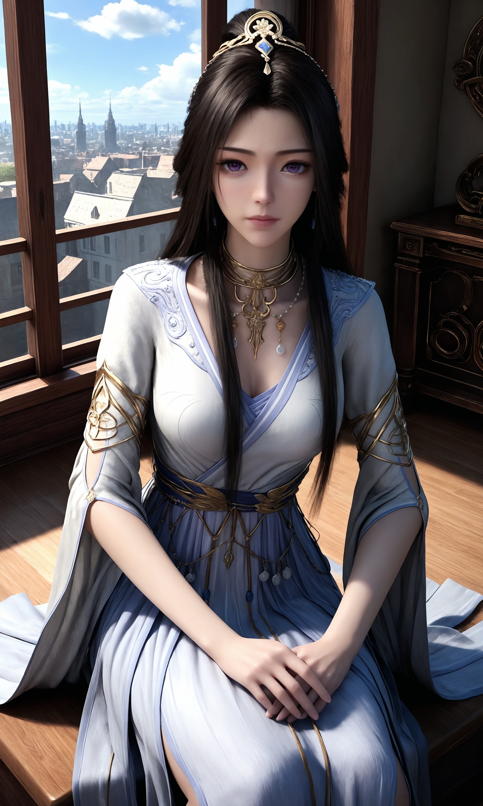 <lora:凡人-紫灵结丹初期ILL:0.8>,1girl,long,straight black hair,purple eyes, flowing, pale blue, floor-length gown with intricate gold trimmings,high slit,high collar,long sleeves,golden belt,, 1girl,solo,sitting,window,frills,sky,cloud,indoors,cityscape,closed_mouth,sun,looking at viewer,