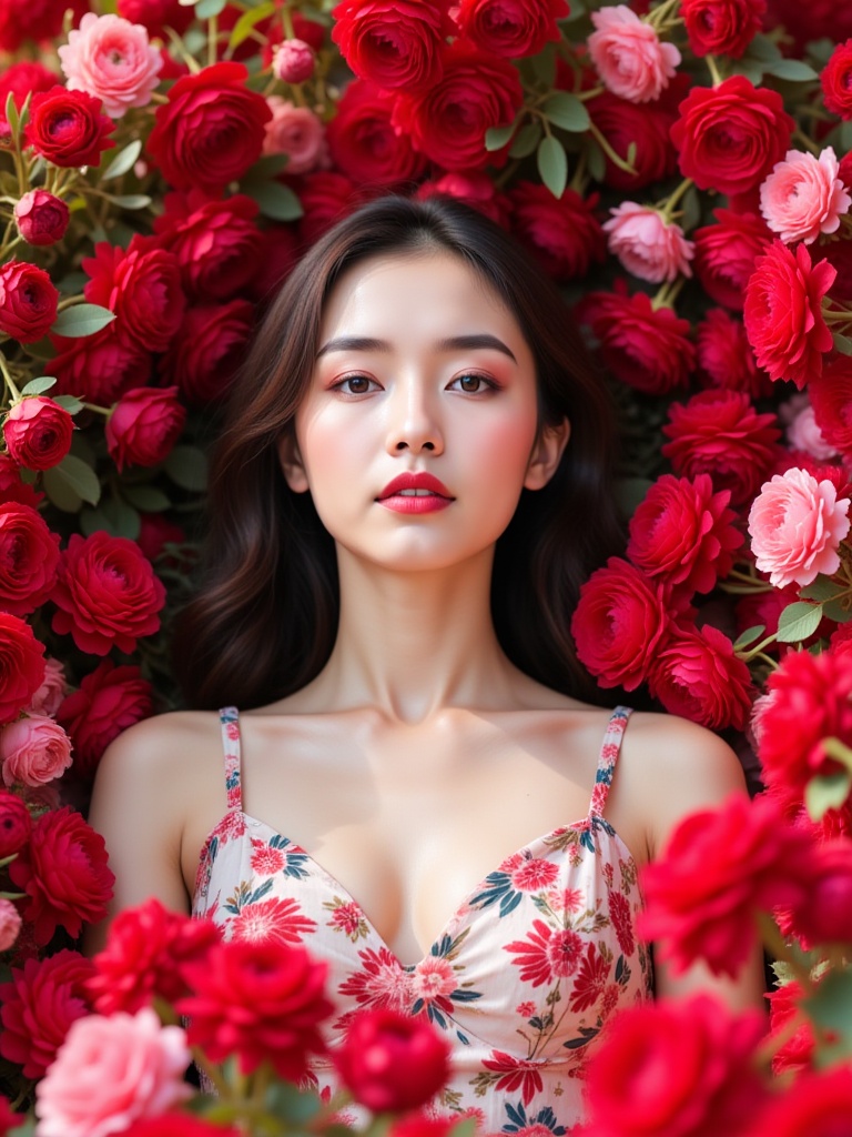 miluo_htjc,flowers,A fair skinned woman wearing a floral dress, immersed in a vibrant sea of roses. Her dark hair is loosely styled, and her delicate symmetrical face is outlined with red lipstick and delicate cosmetics. This photo has romantic and dreamlike qualities.<lora:miluo丨极致人像丨花团锦簇-1.3:1>