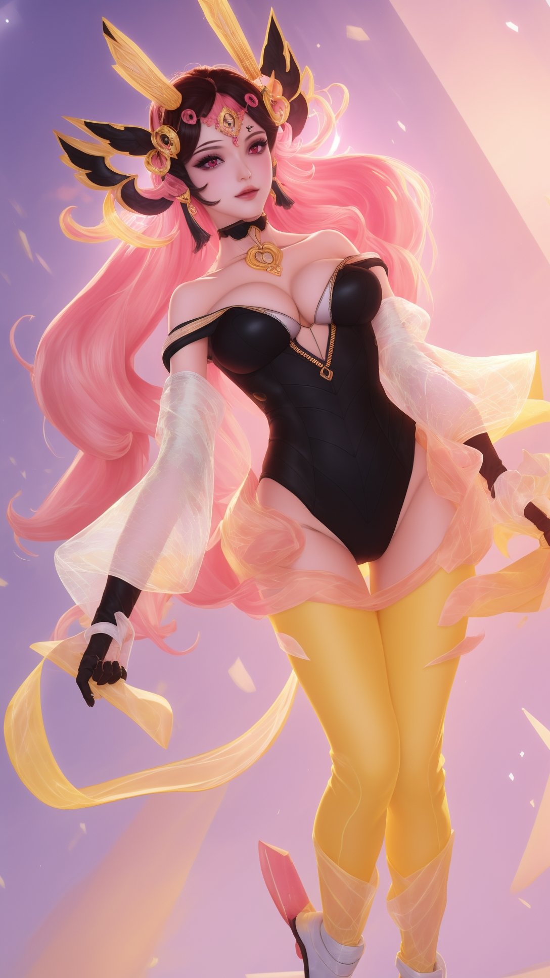 (1girl),smooth chin,masterpiece,detailed face,((hair ornament:1.6)),top quality,4k,make up,best quality,(detached sleeves),(medium breasts),blush,body blush,<lora:王者虞姬无限倾慕_v1.0:0.9>,(full body,long legs),black gloves,full bvody highleg leotard,yellow pants,white see-through sleeves,white mixed black edge clothes,(white bra),pink eyes,bare shoulders,headgear,