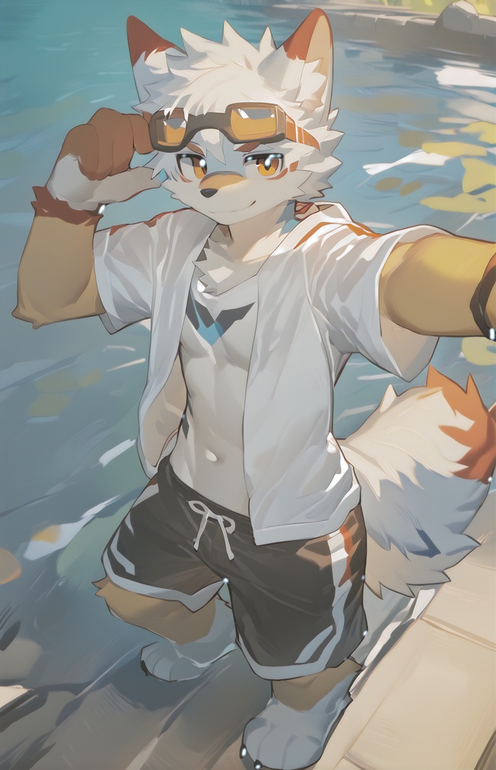 masterpiece,best quality,solo,by milkytiger1145,by littleblackalas,anime style,furry,Wolf,white shirt,open clothing,swimming trunks,swimming goggles,(looking aside:1.2),floating,upper body,selfie,onnk,source_furry,anthro,body fur,