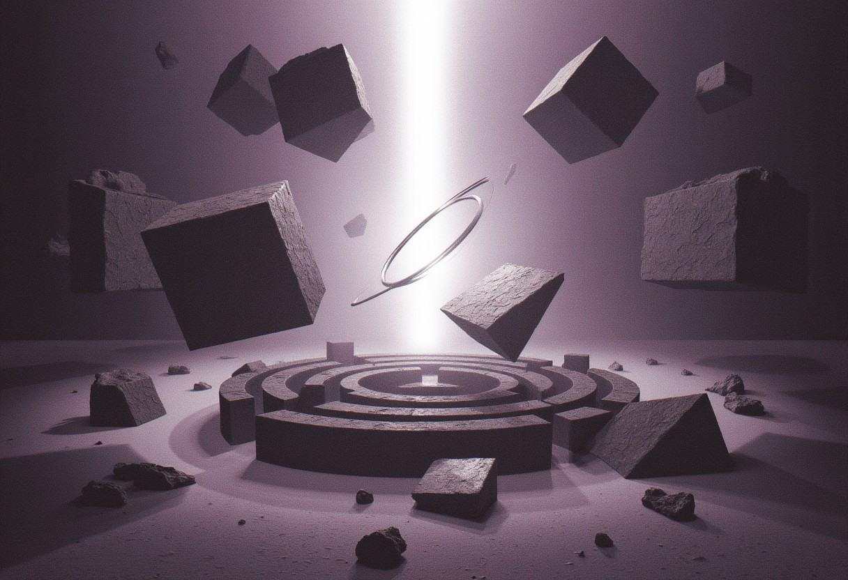 Floating stone labyrinth suspended in a surreal void,  colossal ancient blocks spiraling mid-air,  glowing white light pie...