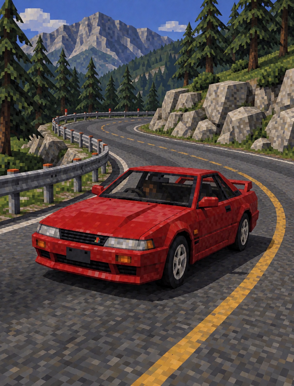 A red Japanese sports car racing along a winding mountain road,  sharp turns,  roadside barriers on Tensor.Art