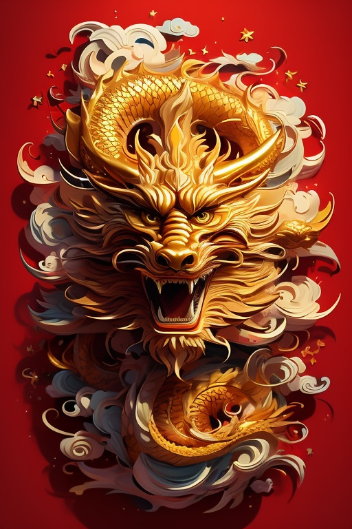 A golden Chinese dragon in the air on the red paper,golden dragon,paper-cut,gold rim,real texture,high quality,masterpiece,