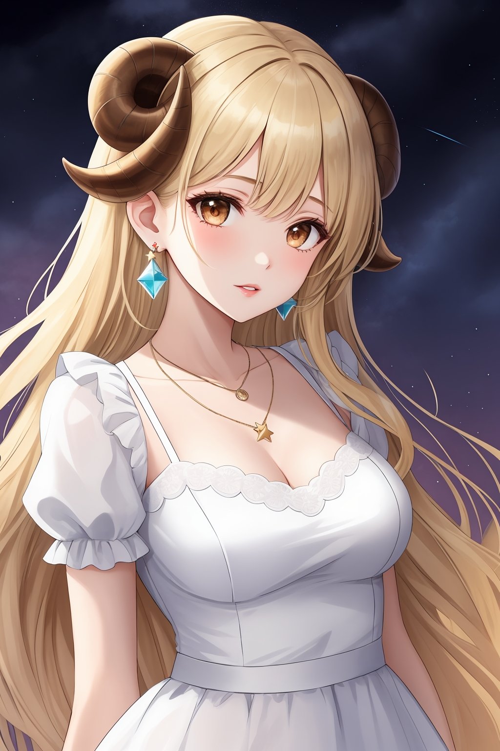 1girl, solo, long hair, looking at viewer, bangs, blonde hair, dress, animal ears, brown eyes, jewelry, upper body, white hair, earrings, parted lips, horns, sky, puffy sleeves, necklace, star \(symbol\), white dress, lips, star \(sky\), sheep horns, constellation,