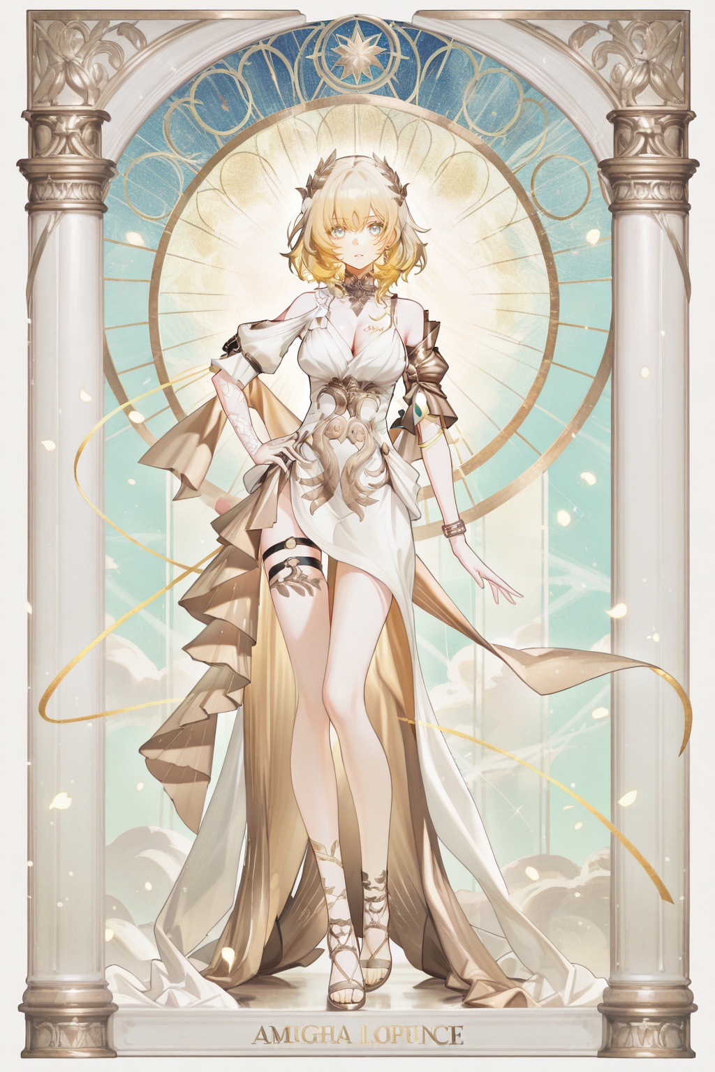 8k,best quality,masterpiece,(ultra-detailed),(high detailed skin),safe_pos,masterpiece,absurdres,newest,iumu,shinanoya \(satanicad\),jima,(whitebc:0.75),reoen,(healthyman:0.5),yoshinari you,full body,full shot,standing,looking at viewer,(solo:1.2),hand on own hip,<lora:cardstyle-gnoob-Tanger-000013:0.8>,cardstyle,border,tarot,<lora:Aglaea-IL-Tanger:0.8>,Aglaea \(Honkai: Star Rail\),clothes: Aglaea def white dress,1girl,blonde hair,breasts,cleavage,A full-body portrait of a young girl,standing gracefully,pastel art style,high-key lighting,shoujo manga influence,hd quality,delicate details,
