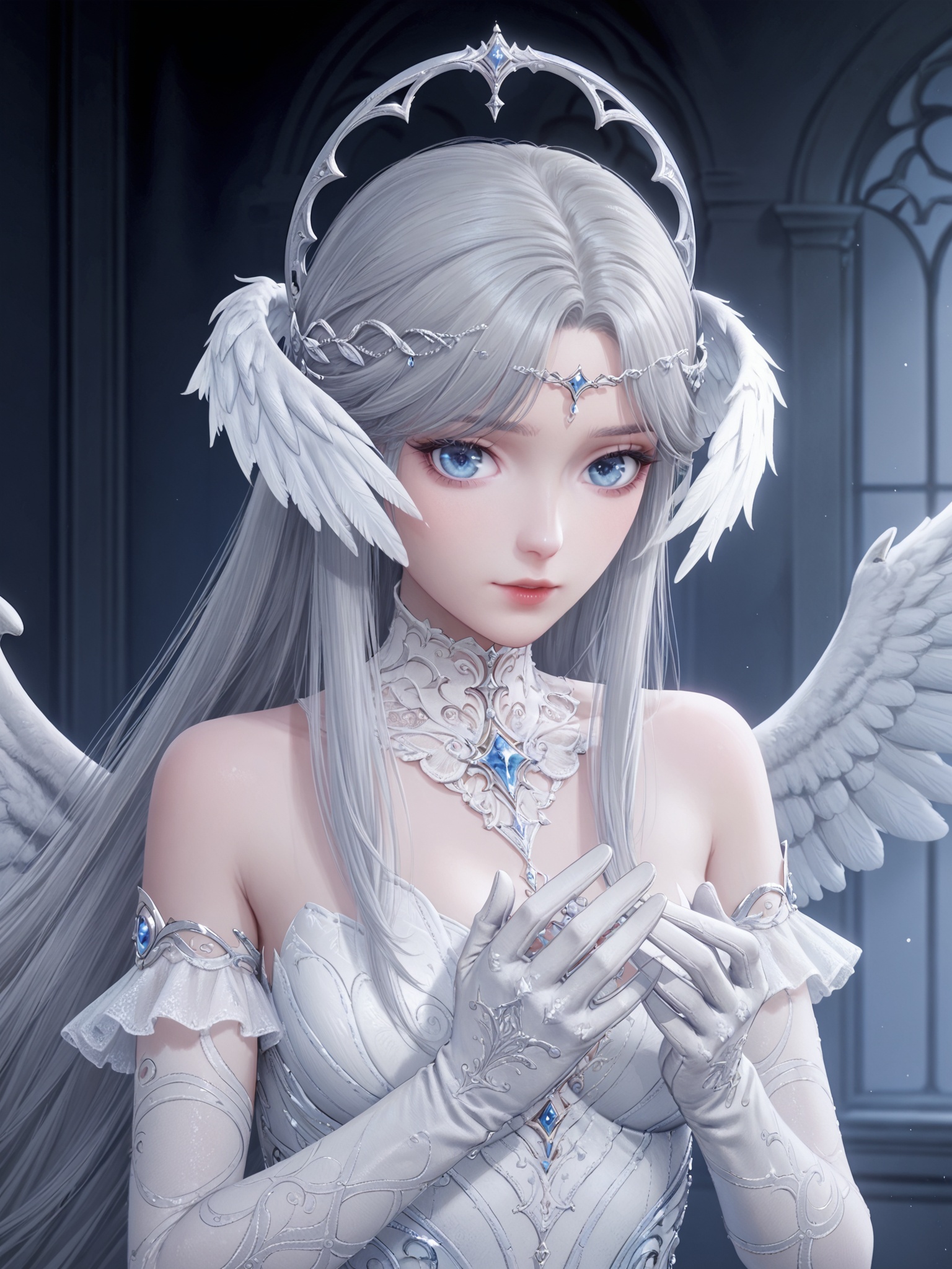 score_10,score_9,score_8_up,score_7_up,1girl,wings,solo,head wings,gloves,long hair,white gloves,dress,breasts,holding,upper body,looking at viewer,jewelry,medium breasts,melia antiqua,blue eyes,grey hair,bare shoulders,