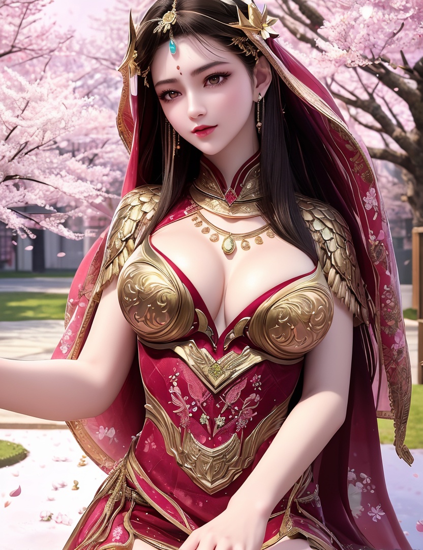 ultra realistic 8k cg, picture-perfect face, flawless, clean, masterpiece, professional artwork, famous artwork, cinematic lighting, cinematic bloom, perfect face, beautiful face, fantasy, dreamlike, unreal, science fiction,   lace, lace trim, lace-trimmed legwear, luxury, jewelry, diamond, gold, pearl, gem, sapphire, ruby, emerald, intricate detail, delicate pattern, charming, alluring, seductive, erotic, enchanting, hair ornament, necklace, earrings, bracelet, armlet,halo,autumn,((,1girl, pov,))  , ((((1girl, solo,outdoors, large breasts, cherry blossoms, ))))  <lora:DA_MuQingQing:0.6>