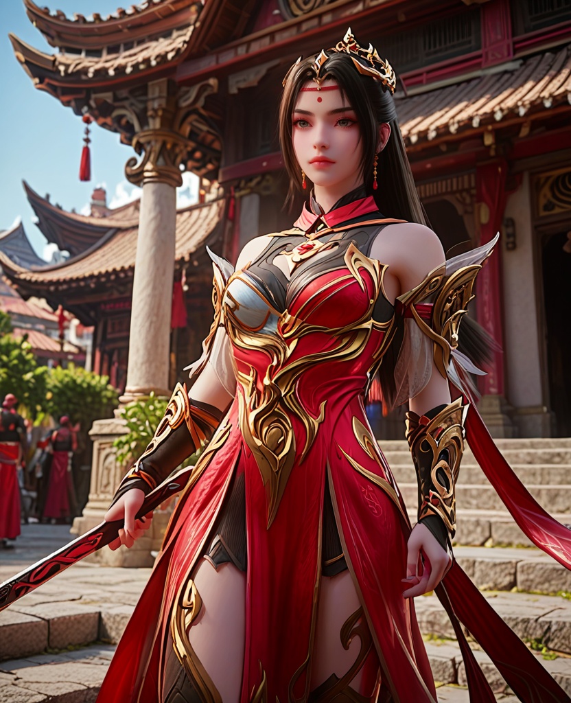 (oriental architecture, elegant decor, sophisticated style:1.1),Standing with arms crossed and a stern expression,,(breasts:1.2),<lora:XL完美世界火烁>,miss huoshuo,solo,red dress with black lining underneath,bare shoulders,vambraces,armored gloves,greave,brown eyes,forehead mark,black hair,half tied ponytai,earrings,jewelry,leather pants,clothing cutout,, zPDXL2, score_9, score_8_up, score_7_up BREAK realistic, masterpiece,best quality, highly detailed,, zPDXL3, zPDXL2,zPDXL, zPDXLxxx, zPDXLrl,