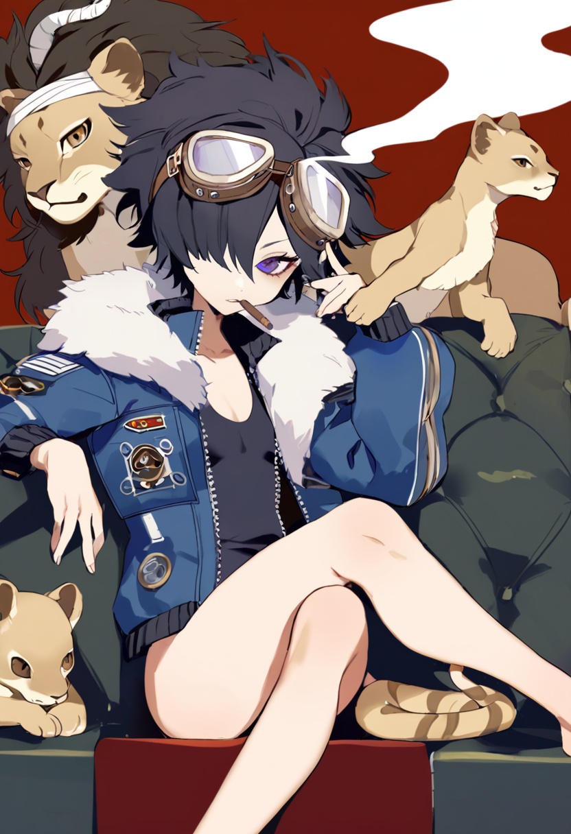 masterpiece, best quality,1girl,   snake, solo, short hair, black hair, sitting, goggles, feet, jacket, tape, legs, smoke trail, open clothes, animal head, parted lips, closed mouth, one-eyed, crossed legs, cigar, lion cub, red background, knee up, smoke, goggles on head, lion, blue jacket, teeth, purple eyes, open jacket, snake on shoulder, barefoot, fur trim <lora:yumenouchiXLlokr-000049:1>