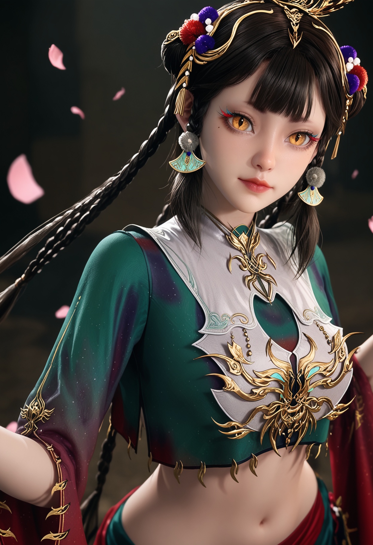 (upper_body:1.2),looking at viewer:1.1,masterpiece,(best quality),smog,Dark room,dim lighting,peach blossom,falling petals,<lora:YQ_Illustrious光辉v5_仙清儿_V1:0.8>,q1528437228,1girl,solo,hair ornament,black hair,braid,long hair,jewelry,makeup,earrings,chinese clothes,eyeshadow,mole under eye,brown hair,crop top,dress,yellow eyes,skirt,brown eyes,hair bun,hair rings,twin braids,multiple braids,double bun,green dress,blunt bangs,hair flower,long sleeves,red footwear,slit pupils,