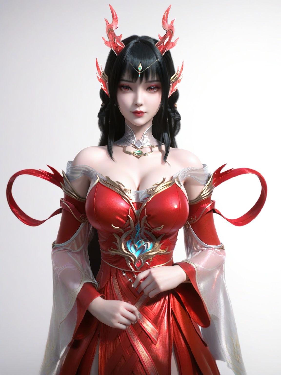 score_9,1girl,standing,solo,eyeshadow,dragon horns,bangs,bare shoulders,black hair,dress,hair ornament,red dress,earrings,detached sleeves,breasts,large breasts,lipstick,simple background,looking at viewer,cowboy shot, <lora:SF_YunLuo_Pony_Realism2.3-000004:0.7>,