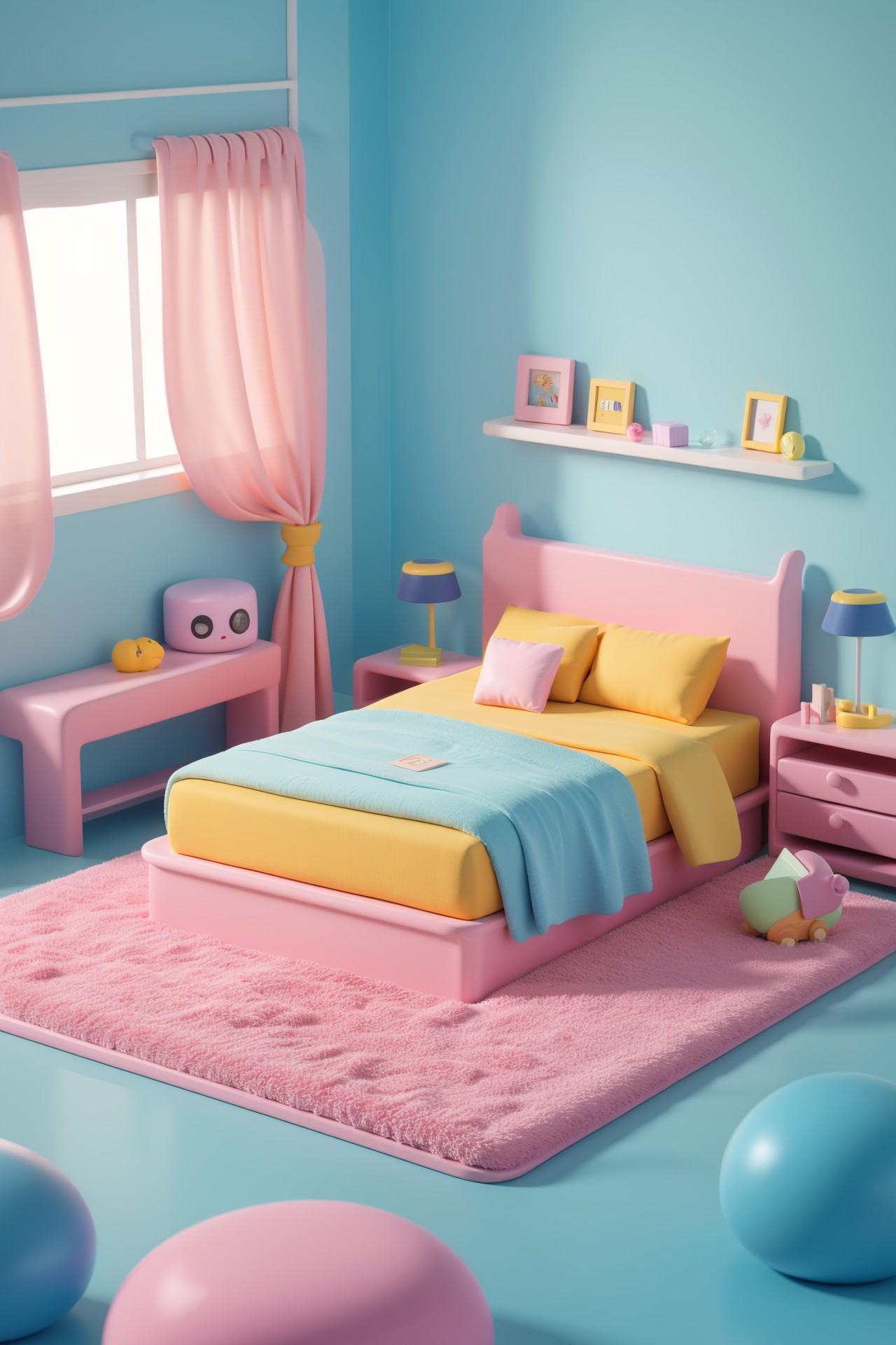 "3D style, Q version cute bed design with a rounded headboard and footboard, adorned with soft, pastel-colored bedding and pillows. The bed is placed in a simple, cozy bedroom setting with minimal decor, emphasizing comfort and cuteness."