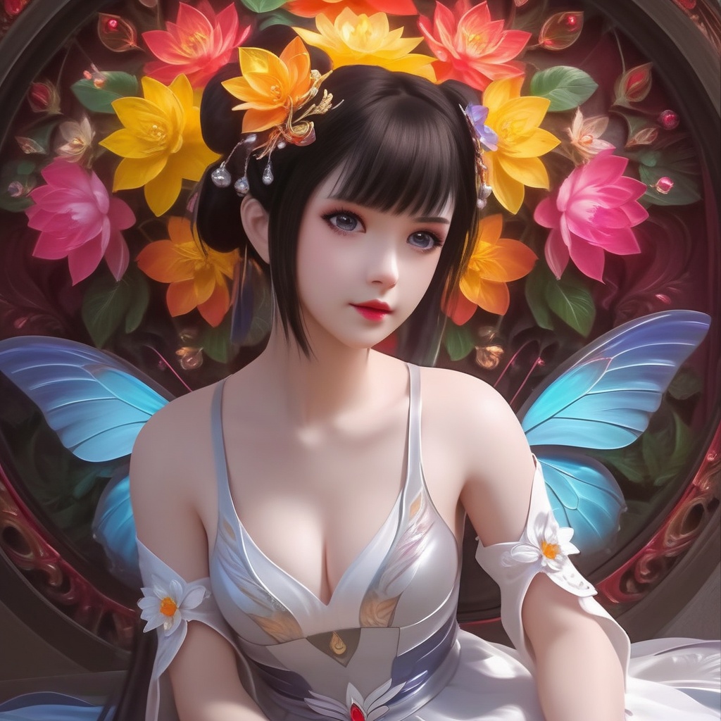<lora:848-DA-XL-完美世界-火灵儿-幼年:0.8>, (,1girl, ,best quality, ),,,anime,(masterpiece, top quality, best quality, official art, beautiful and aesthetic:1.2), (1girl)	, , (cleavage),, extreme detailed,(fractal art:1.3),colorful, flowers ,highest detailed,(by Jeremy Lipking)    (cleavage),,  (), (sit),