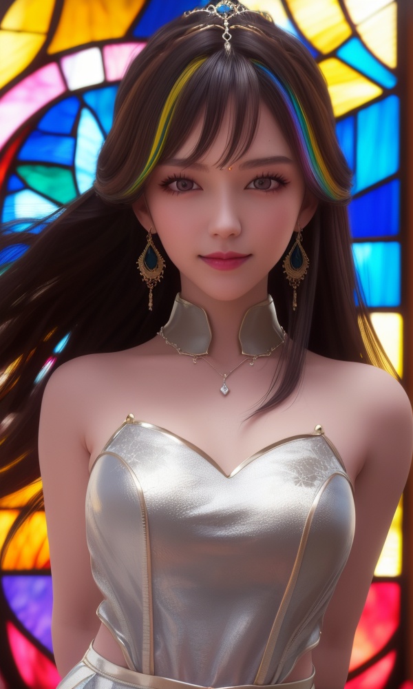 (,1girl, ,best quality, ),looking at viewer, <lora:370-DA-百炼成神-云洛-黑化:0.7>,,ultra detailed background,ultra detailed background,ultra realistic 8k cg,,, (close-up portrait),(upper body:1.22),(realistic:1.11),(Photo-referencing),HDR,Studio Lighting,Soft Lighting, ,, a slender petite little girl,Delicate muscle lines,(Skinny body),(solo:1.5),( looking at viewer:1.22),The white shiny skin, (smirk:1.2),(dynamic pose),(arms behind back),arms at sides, (very long payot),(Absurdly long Brown straight hair:1.22),parted bangs, (floating hair), (jewelry:1.17), necklace, earrings,(colorful:1.27),(stained glass background),(),(()),,