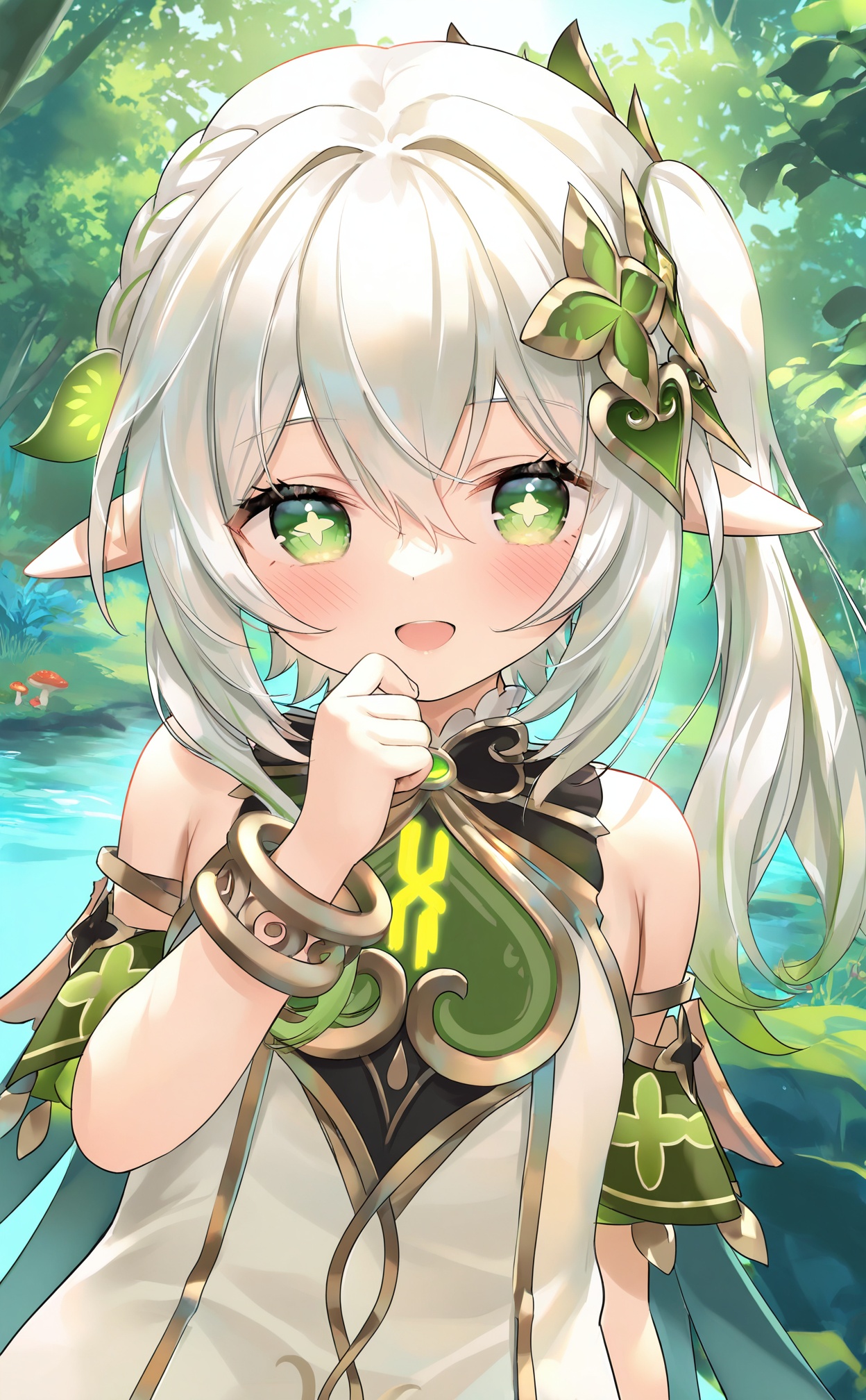 masterpiece,very aware,highres,absurdres,newest,best quality,loli,petite,high quality,chromatic_aberration,cinematic_angle,dutch angle,Light Blue Theme,//,1girl, nahida_\(genshin_impact\), green_eyes, solo, pointy_ears, hair_ornament, side_ponytail, water_drop, blush, smile, white_hair, symbol-shaped_pupils, cross-shaped_pupils, long_hair, open_mouth, detached_sleeves, dress, looking_at_viewer, leaf_hair_ornament, hair_between_eyes, nature, outdoors, sidelocks, gradient_hair, white_dress, leaf, multicolored_hair, braid, bare_shoulders, plant, :d, sleeveless, upper_body, green_hair, mushroom, sleeveless_dress, hand_up, forest, water, day, dutch_angle, green_gemstone//,//,official art,depth of field,detailed light,blurry background,best shadow,shiny skin,cinematic lighting,ray tracing,amazing quality,very aesthetic,absurdres,beast quality,ultra detailed,newest,8K,HDR,//,<lora:guizhencao——【noob】hans:0.88>,
