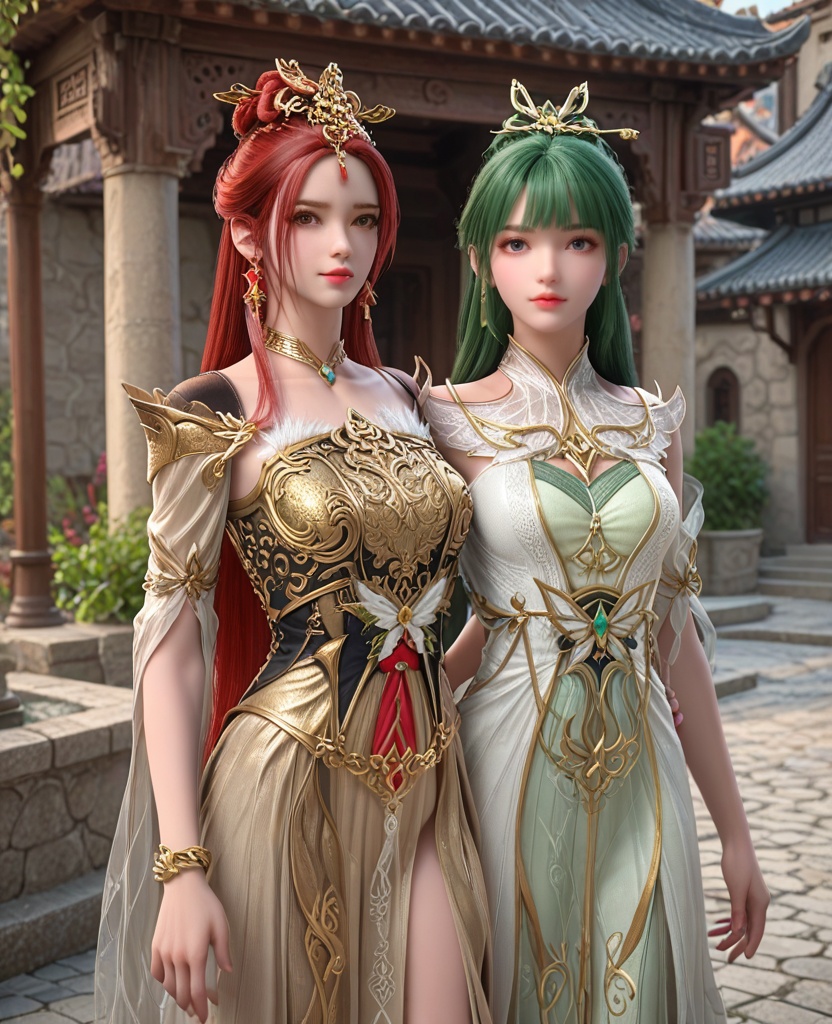 (oriental architecture, elegant decor, sophisticated style:1.1),hands on hips,(breasts:1.2),<lora:XL完美世界天人族姐妹花P2:0.9>,bar basement,(sisters:1.4),(2girls:1.4),chinese clothes,2girls characters in different outfits and hair styles,one with green hair and the other with red hair,, zPDXL2, score_9, score_8_up, score_7_up BREAK realistic, masterpiece,best quality, highly detailed,, zPDXL3, zPDXL2,zPDXL, zPDXLxxx, zPDXLrl,