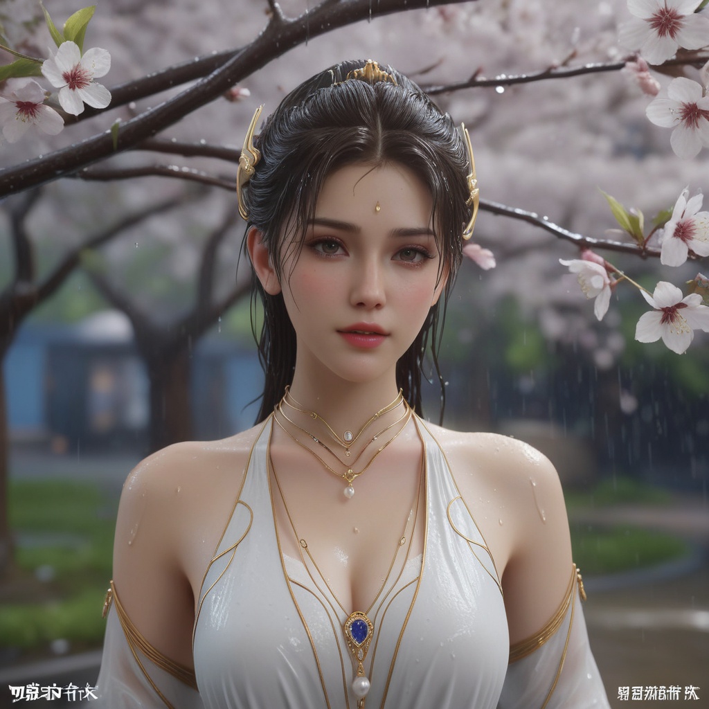 <lora:648-DA-XL-遮天-狠人大帝:0.8>(,1girl, ,best quality, ),looking at viewer, ,ultra detailed 8k cg, ultra detailed background,  ultra realistic 8k cg,          cinematic lighting, cinematic bloom, (( , )),,  , unreal, science fiction,  luxury, jewelry, diamond, pearl, gem, sapphire, ruby, emerald, intricate detail, delicate pattern, charming, alluring, seductive, erotic, enchanting, hair ornament, necklace, earrings, bracelet, armlet,halo,masterpiece, (( , )),, realistic,science fiction,mole, ,cherry blossoms,(((, , ultra high res, (photorealistic:1.4), raw photo, 1girl, wet clothes, rain, sweat, ,wet, )))(( , ))   (cleavage), (),
