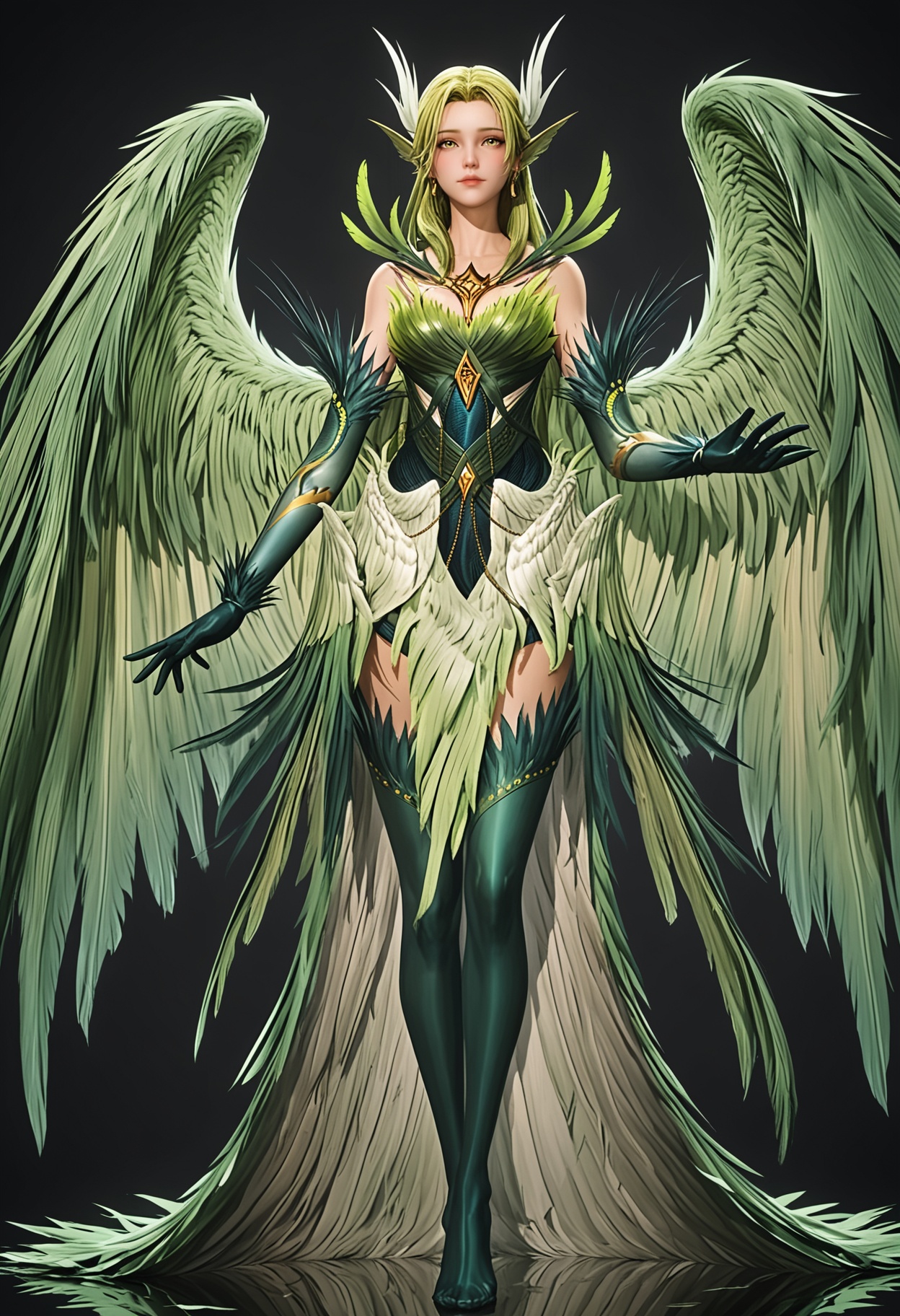 (standing full_body:1.1),score_9,score_8_up,masterpiece,(best quality),intricate details,facing viewer,(looking at viewer:1.1),<lora:YQ_pony_biji_V4:0.8>,q1528437228,solo,1girl,long hair,green hair,feathers,green eyes,blonde hair,hair ornament,pointy ears,wings,gloves,dress,green wings,elbow gloves,jewelry,feathered wings,green dress,thighhighs,armor,yellow eyes,earrings,green feathers,multiple wings,BREAKscore_9,score_8_up,masterpiece,(best quality),perfect anatomy,(hourglass),perfect face,(simple background,pure black background,black background:1.1),fair_skin,shiny_skin,Ivory_skin,