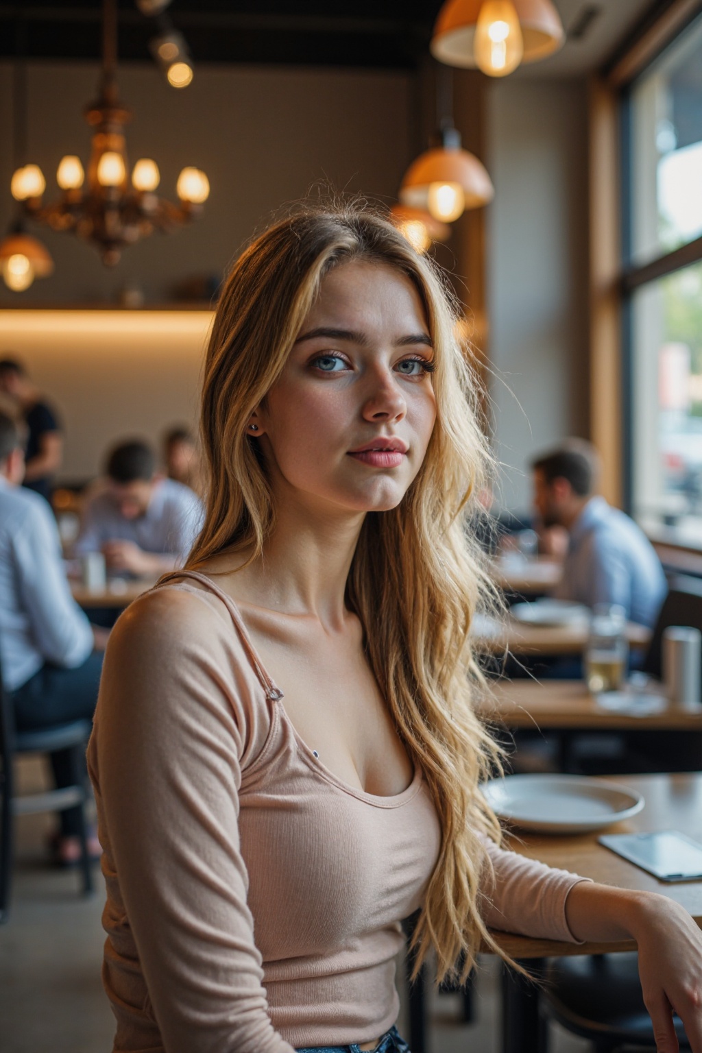 This photograph captures a young woman with blonde long hair, and a slender physique, seated in a modern, warmly lit restaurant. She wears a long-sleeved clothes. In the background, other patrons, including a man in a shirt, are seated at tables. The decor features contemporary lighting fixtures and a mix of wood and metal accents. The atmosphere is casual yet sophisticated, with a focus on contemporary design and comfort.