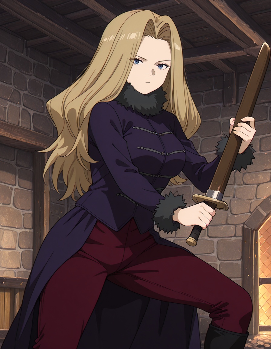 masterpiece, best quality, amazing quality, gradient background,1girl, looking at viewer, solo, indoors, barn, brick wall, fighting stance, holding weapon, wooden sword, <lora:methode-sousou_no_frieren_s2-ixl-anime-soralz:1>, methode (sousou no frieren), long hair, blonde hair, curtained hair, blue eyes,purple jacket, fur collar, long sleeves, fur-trimmed sleeves, waist cape, dark red pants, black knee boots, <lora:StS-Illustrious-Detail-Slider-v1.0:3>