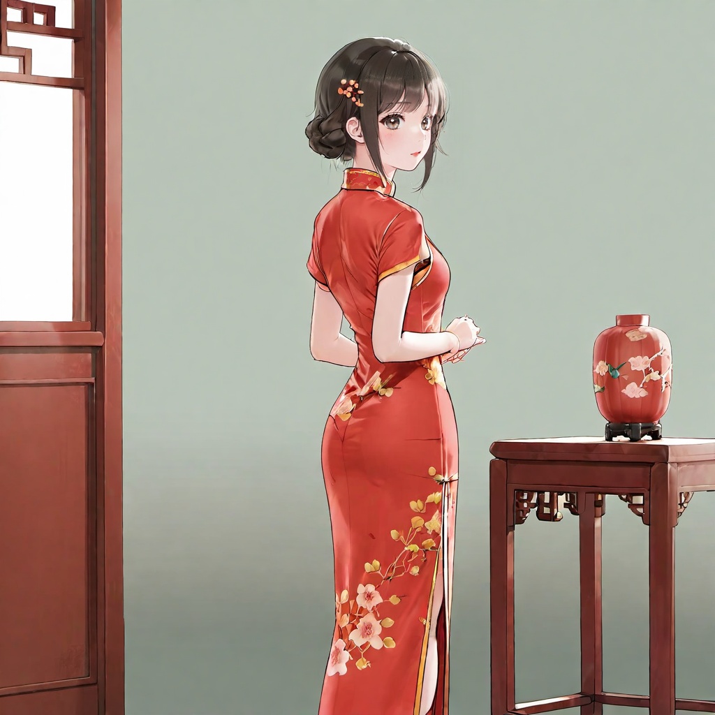 (Solo),from behind, full body, a 20-year-old beautiful idol girl wearing cheongsam, simple background, indoor, standing,