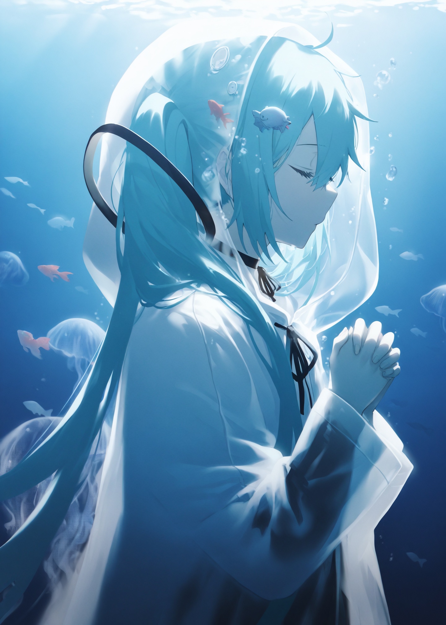 masterpiece,absurdres,best quality,petite,high quality,//,1girl,hatsune_miku,solo,closed_eyes,long_hair,hood_up,hood,twintails,ribbon,jellyfish,from_side,blue_hair,black_ribbon,own_hands_together,upper_body,fish,choker,profile,aqua_hair,neck_ribbon,ahoge,black_choker,see-through,closed_mouth,raincoat,ribbon_choker,underwater,long_sleeves,hair_ribbon,hair_between_eyes,own_hands_clasped,hair_ornament,white_hood,bubble,veil,goldfish,blue_theme,very_long_hair,hands_up,white_cloak,//,<lora:konya_karasue2——【CKXL】hans:0.85>,