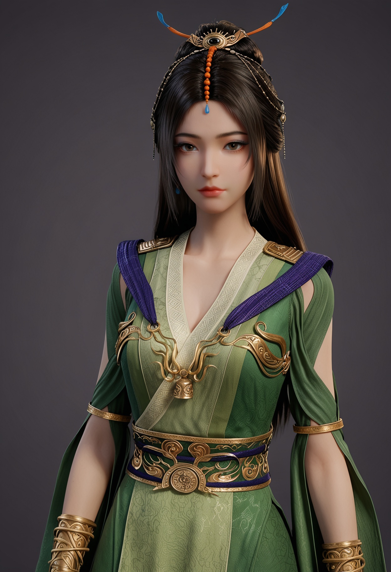 score_9,looking_at_viewer,upper body,(large breasts:0.8),liuyu,1girl,solo,black hair,hair ornament,long hair,green dress,realistic,dress,chinese clothes,closed mouth,jewelry,bracelet,sash,hair bun,brown eyes,clothing cutout,barefoot,(simple background,pure black background,black background:1.1),perfect_anatomy,<lora:QQSponyliuyuV1:0.8>,