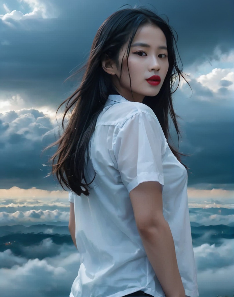 Liuyifei, 1girl, solo, black hair, shirt, looking at viewer, cloud, white shirt, upper body, sky, realistic, see-through, long hair, parted lips, lips, outdoors, cloudy sky, short sleeves, brown eyes, ocean, artist name, red lips, breasts, black eyes, teeth, from side, bra, nose a woman with long hair and a white shirt on a cloudy day with a sky background and clouds in the background,<lora:XL_Liuyf:0.8>