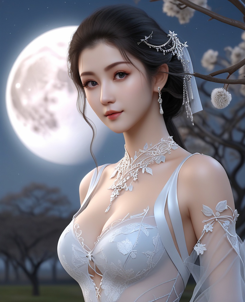 <lora:588-DA-XL-梦塔·雪谜城-白亦君:0.8>(,1girl, ,best quality, ),looking at viewer,  ,ultra detailed background,ultra detailed background,ultra realistic 8k cg, ,masterpiece, (( , )),, ,fiction,mole,,      ,(cleavage), (),  ,see-through, lace, (((, solo, moon, , bare_tree, )))(cleavage),