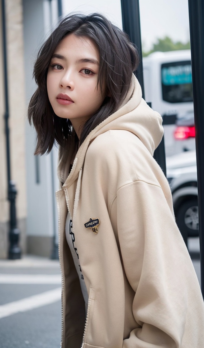 1girl,hood,solo,hooded_jacket,white_hoodie,blurry,textured skin,With a coat over a hoodie,aloof,cold tone,perfect eyes,(soft lighting),Porta 160 color,shot on Leica T,bokeh,sharp focus on subject,shot by Candida Höfer,Outstanding,Best Quality,Detailed,Eyes,Normal Human Eyes,Facial Features,Asian Female,Pale Skin,Cold,Medium Length Hair,Black Hair,Eyes and Face to the Viewer,Side View,Standing,Messy Hair,Hair Detailed,Wearing White Hoodie Inside,Khaki Coat Outside,Winter,Simple Background,Cloudy Day,City Background,Urban,Cold Expression,Sparkling Eyes,Smooth Skin,Beauty Paramount,