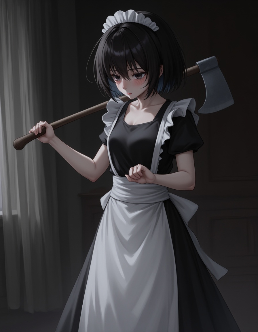 Highest image quality、Highest image quality、high resolution、32k、anatomically correct depiction、 Outstanding Digital Art 、gray eyes、dark haired、Dull hair、Morbidly white skin、flat chested、slender figure、Delicate Body、petite body、Girl、shortcut hair、Wolfcut、hanging eyes、Thick black eyeliner above and below the eyes、 looks exhausted 、Looks unhealthy、Long skirt maid clothes、Maid's Headdress、Maid with a big axe、Waving a big axe、bedroom