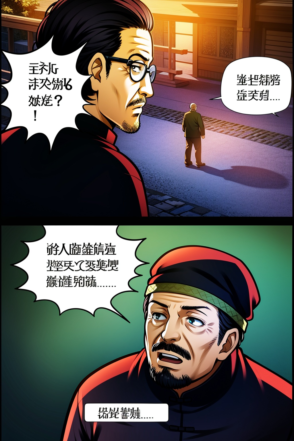 Sanshikongbu,black hair,long sleeves,hat,male focus,multiple boys,glasses,2boys,speech bubble,facial hair,chinese clothes,beard,mustache,chinese text,korean text,old,old man,8K,HDR,high resolution,(Masterpiece :1.3),(best quality :1.2),high quality,high detail,blurry background,