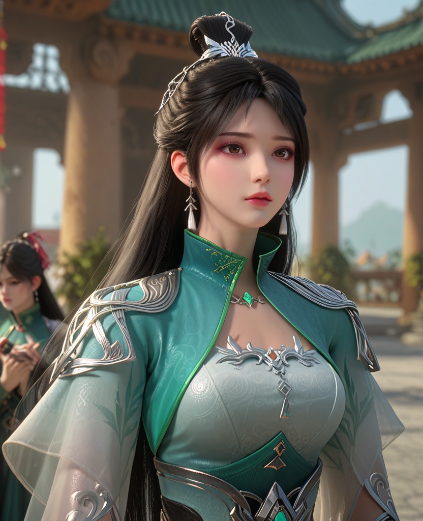 (oriental architecture, elegant decor, sophisticated style:1.1),(practicing archery:1.1),(breasts:1.2),<lora:XL百炼成神路人欣欣:0.95>,miss xinxin,black hair,jewelry,dress,earrings,long hair,hair ornament,hair bun,necklace,green dress,brown eye,, zPDXL2, score_9, score_8_up, score_7_up BREAK realistic, masterpiece,best quality, highly detailed,, zPDXL3, zPDXL2,zPDXL, zPDXLxxx, zPDXLrl,