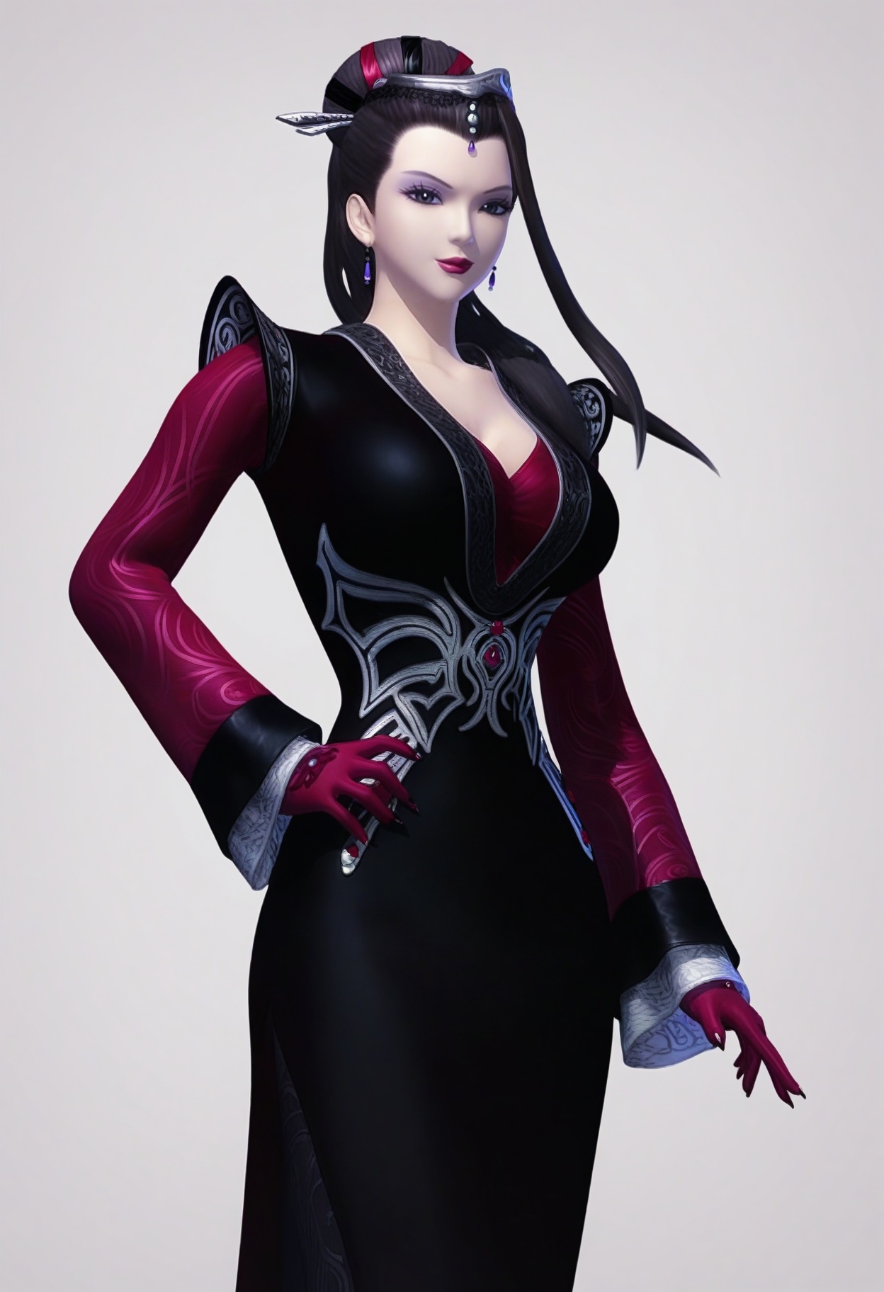 score_9,<lora:SF_DaSiMing_Pony_Realism2.3-000003:0.7>,eyeshadow,black hair,black dress,long hair,hair ornament,1girl,breasts,large breasts,standing,long sleeves,red gloves,solo,looking at viewer,white background,simple background,