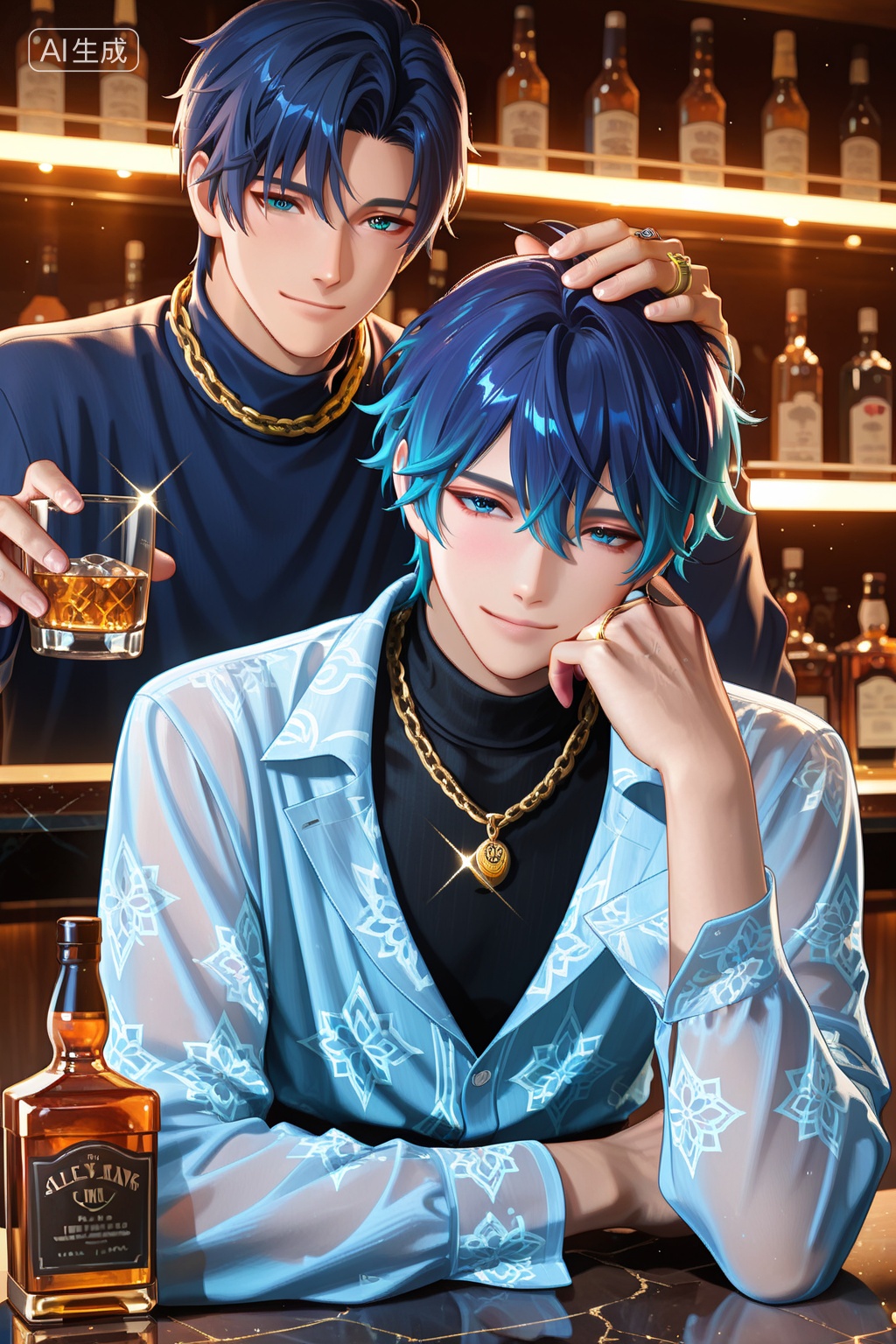 hh,digital illustration of a handsome young man with short, wavy blue hair and light skin, sitting at a bar counter, wearing a light blue long-sleeve shirt with intricate white patterns on the shoulders, and a black turtleneck underneath. He has a confident and slightly smug expression, with one hand resting on his head and the other holding a glass of whiskey. The background is a blurred bar setting with various bottles of liquor and a warm, glowing light. The man is wearing a gold ring on his left hand and a gold chain around his neck. The image has a sparkling effect, with light reflections on the glass and bottles. The style is anime-inspired, with clean lines and vibrant colors. The bar counter in the foreground has several bottles, including a clear bottle with the label UMO. The overall atmosphere is sophisticated and relaxed. The young man has a slender build and sharp features, with light makeup and a subtle smile. The lighting is warm and highlights the mans face and upper body. High quality, detailed, and polished. Anime style, realistic lighting, digital medium, bar setting, handsome young man, confident expression, sparkling effect, intricate shirt patterns, warm light, relaxed atmosphere, anime-inspired, clean lines, vibrant colors, sophisticated, slender build, sharp features, subtle smile., Negative prompt: low quality,blurry,bad anatomy,disfigured,poorly-drawn face,abnormal body proportions,extra limbs,watermark,signature,(worst quality:1.6),(low quality:1.6),(normal quality:1.6),(watermark:1.2),(bad anatomy:1.2),(bad fingers,:1.8),(signature:1.2),error,worst quality,low quality,sketches,lowres,monochrome,grayscale,worstquality,text,logo,cropped,bad proportions,out of focus,username,bad body,long body,long neck,deformed,bad hands,mutated hands and fingers,malformed hands,poorly drawn hands,mutated hands,too many fingers,extra limb,,nsfw, Steps: 30, Sampler: Euler a, CFG scale: 7.0, Seed: 2557263243, Size: 1024x1536, Model hash: e24e9cdf73, Model: 星美XM-ILL-3DCG-V1.0_1.safetensors, Denoising strength: 0, RNG: CPU, Lora 1: ereyutyiuyo, Lora Hash 1: cfcc851c28, Lora Weight 1: 0.8, vae_name: automatic
