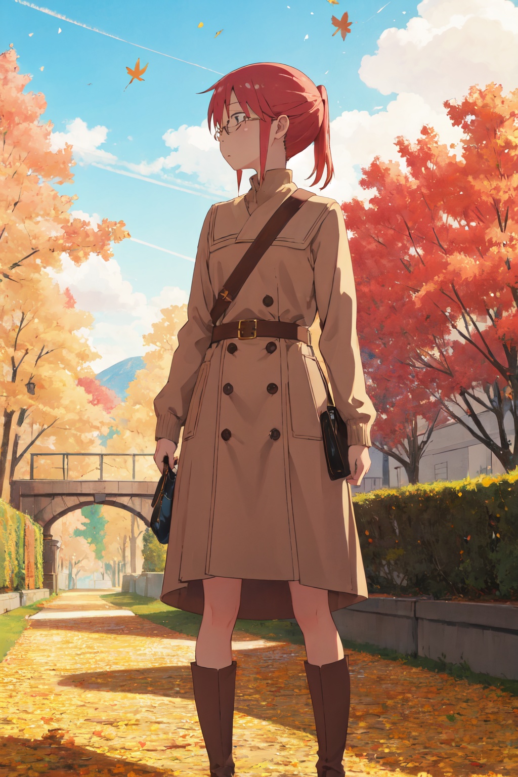 <lora:Kobayashi-000010:0.8>,kobayashi cyql,1girl,looking at viewer,solo,glasses,red hair,ponytail,brown eyes,sidelocks,Turtleneck Aran sweater layered under a slip dress with combat boots,yandere,profile,In fall, maple trees in the valley don fiery red coats, painting the hillsides in vivid hues. Fallen leaves carpet paths in shades of gold,(Wisteria vines, Garden party, Outdoor dining, Floral canopy, Summer celebration, English charm:0.5),beautiful detailed sky,beautiful detailed glow,posing in front of a colorful and dynamic background,masterpiece,best quality,beautiful and aesthetic,contrapposto,female focus,wallpaper,