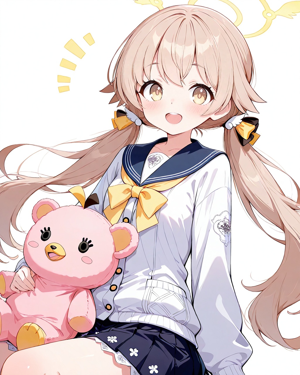 O,ultra detailed anime texture,hifumi (blue archive), 1girl, halo, white background, school uniform, simple background, looking at viewer, yellow eyes, twintails, solo, low twintails, blush, open mouth, stuffed toy, light brown hair, skirt, long hair, smile, stuffed animal,(UHD),anatomically correct,accurate,textured skin,super detail,high details,award winning,best quality,high quality,retinal,HD,16k,1080P,