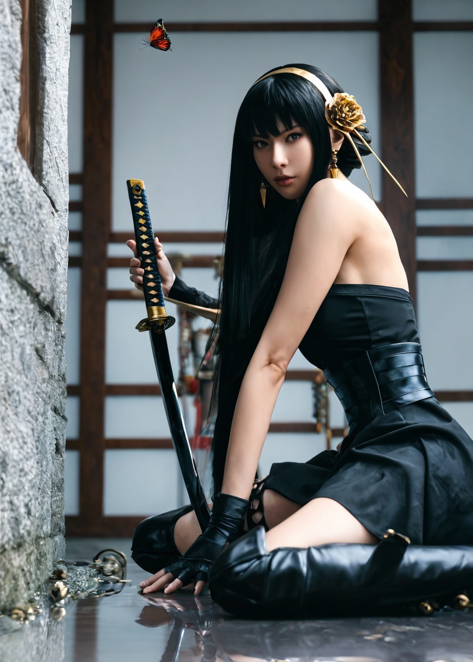 photograph score_9,score_8_up,score_7_up,realistic,a 20 year old beautiful woman,yor briar,Samurai girl,weapon,sword,solo,holding,black hair,holding weapon,holding sword,butterfly,1girl,glowing,reflective floor,katana,indoors,facing viewer,long hair,reflection,sitting,full body,jewelry,sheath,one knee,beads,bare shoulders,black dress,two-sided dress,two-sides fabric,black fingerless gloves,black thigh boots,lantern,looking at viewer,, 50mm . cinematic 4k epic detailed 4k epic detailed photograph shot on kodak detailed cinematic hbo dark moody, 35mm photo, grainy, vignette, vintage, Kodachrome, Lomography, stained, highly detailed, found footage
