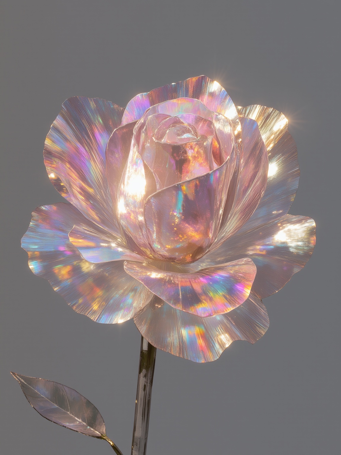 <lora:虹影9:0.7>,hongying,a rose made of crystal,the light is refracted on the flower to make a colorful reflection,