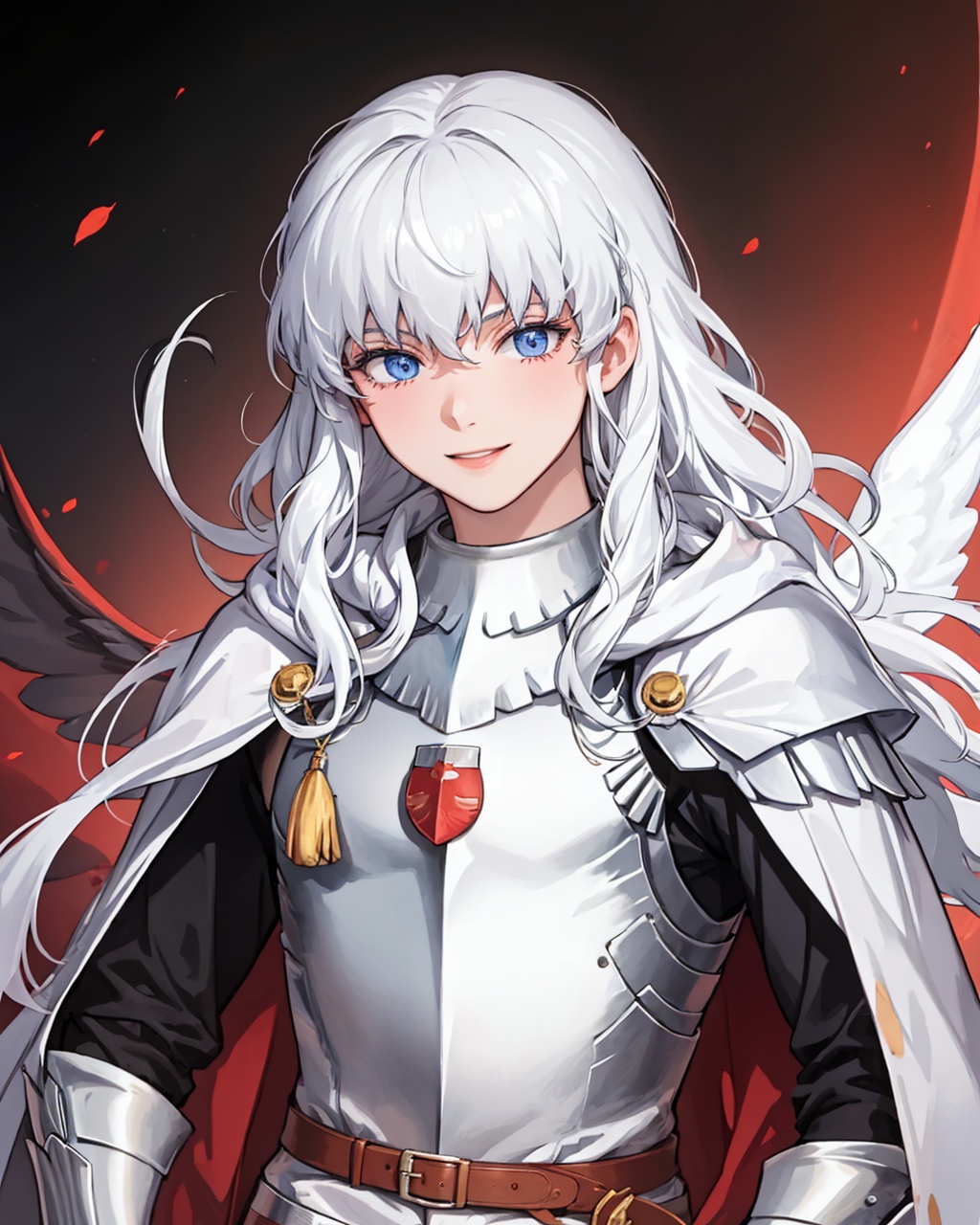 masterpiece,best quality, highly detailed, griffith (berserk),solo, 1boy, male focus, smile, pauldrons, breastplate, upper body,<lora:griffith_(berserk):1>
