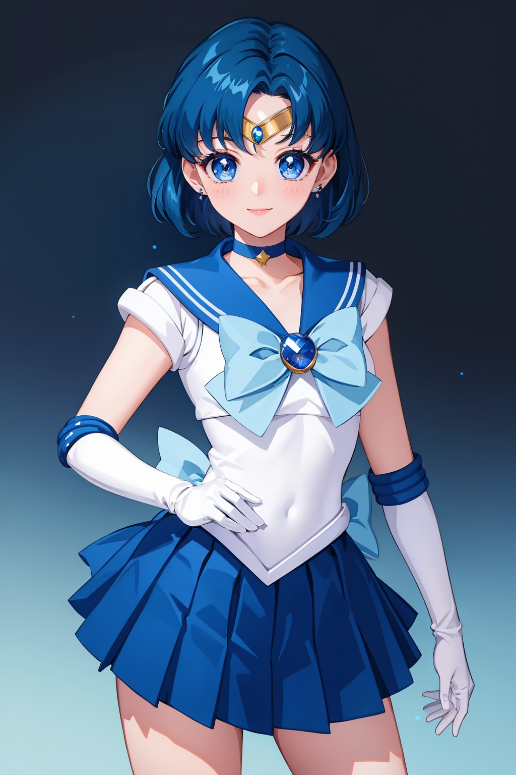 masterpiece,best quality, highly detailed, sailor mercury,1girl,solo,sailor senshi uniform,white gloves,blue skirt,blue sailor collar,elbow gloves,blue choker,smile,earrings,magical girl,pleated skirt,looking at viewer,tiara<lora:sailor_mercury:1>,simple background,white background